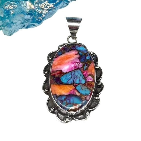 Hand Crafted Jewelry - Pink Dahlia Kingman Turquoise Necklace Pendant Solid 925 Sterling Silver Oval